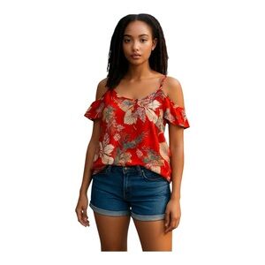 Forever 21 Red Floral Peek-a-boo Shoulders Top. Size:M